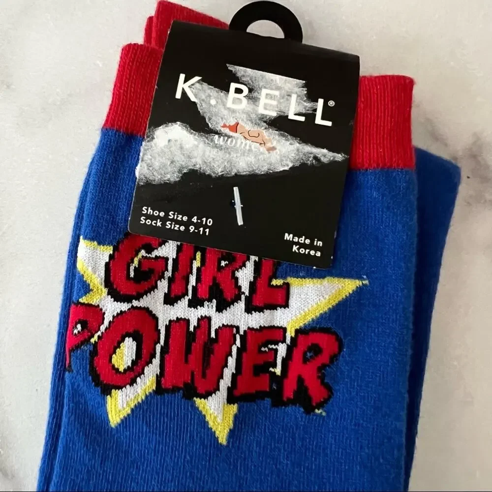 K. Bell Girl Power Pow Bam blue red yellow white knee high socks